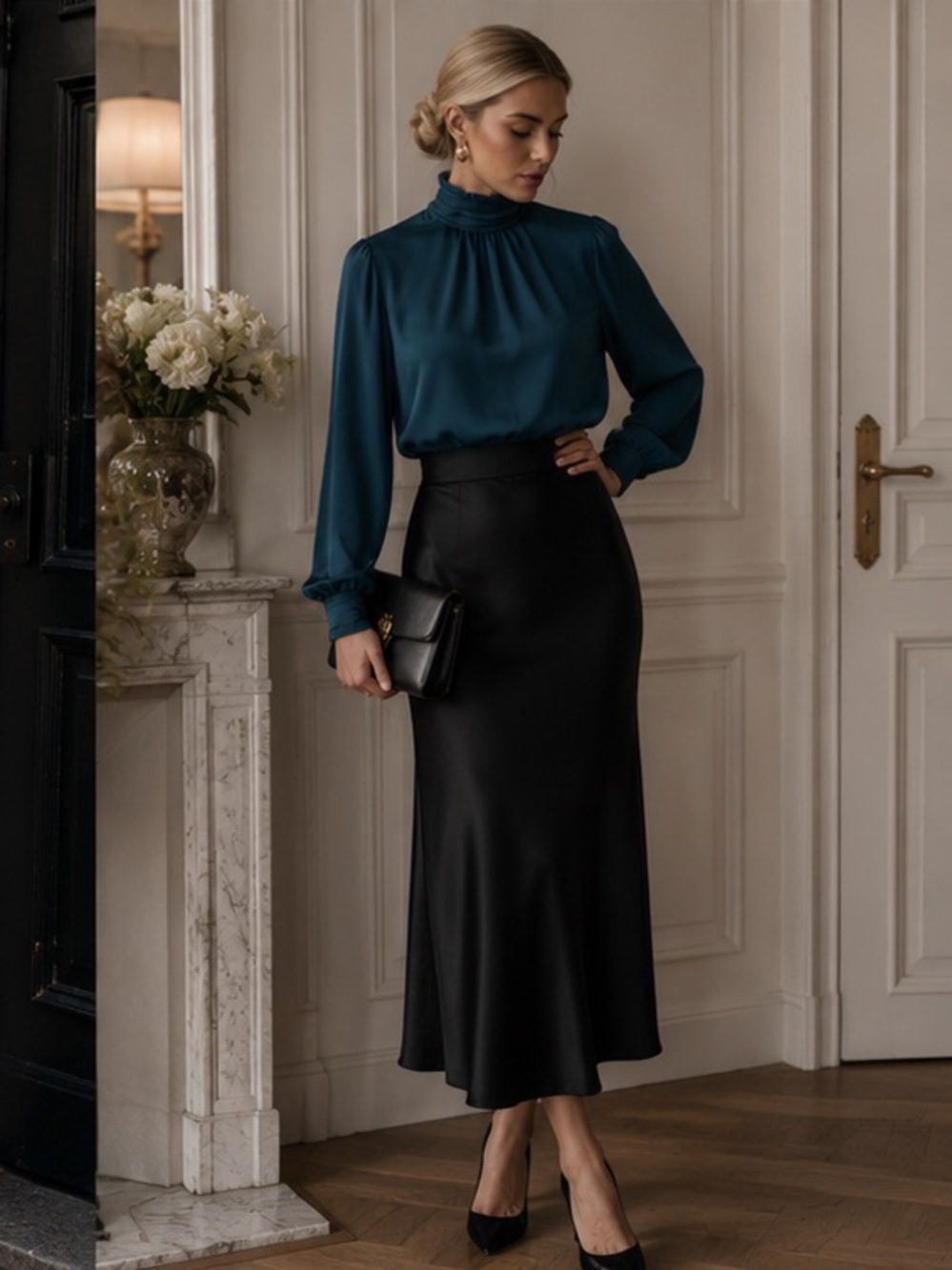 Zara Teal High-Neck Blouse